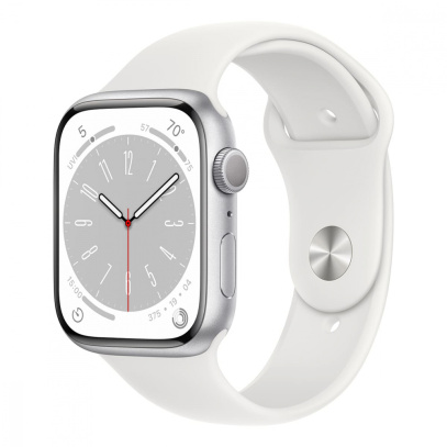 Apple Watch Series 8, 45 мм корпус из алюминия цвета «Silver», ремешок Sport Band размера S/M цвета «White»
