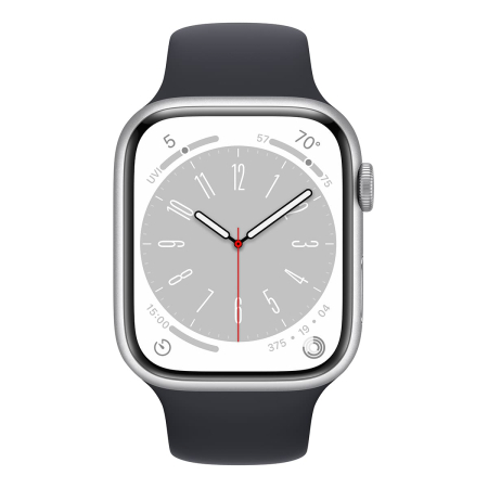 Apple Watch Series 8, 45 мм корпус из алюминия серебристого цвета, спортивный ремешок «Midnight»