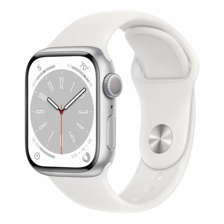 Apple Watch Series 8, 41 мм корпус из алюминия цвета «Silver», ремешок Sport Band размера S/M цвета «White»