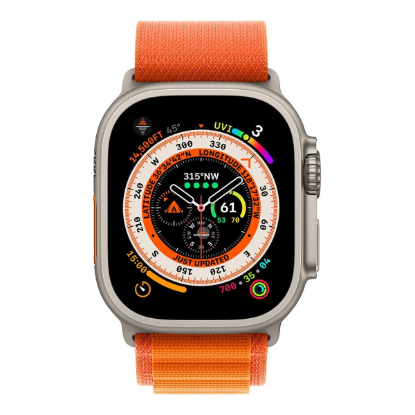 Apple Watch Ultra, 49 мм корпус из титана цвета «Natural», ремешок Alpine Loop размера L цвета «Orange»
