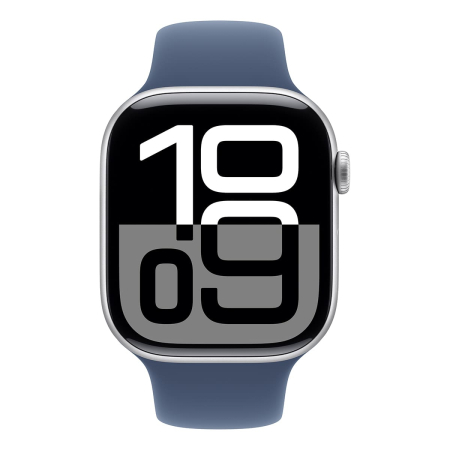 Apple Watch Series 10, 46 мм корпус из алюминия цвета «Silver», ремешок Sport Band размера M/L цвета «Denim» Apple Watch Series 10, 46 мм корпус из алюминия цвета «Silver», ремешок Sport Band размера M/L цвета «Denim»