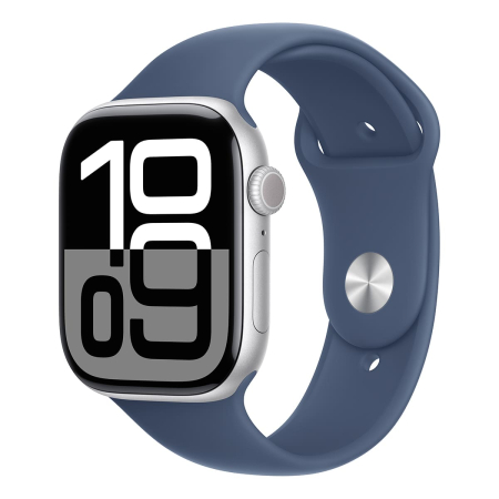 Apple Watch Series 10, 46 мм корпус из алюминия цвета «Silver», ремешок Sport Band размера S/M цвета «Denim» Apple Watch Series 10, 46 мм корпус из алюминия цвета «Silver», ремешок Sport Band размера S/M цвета «Denim»