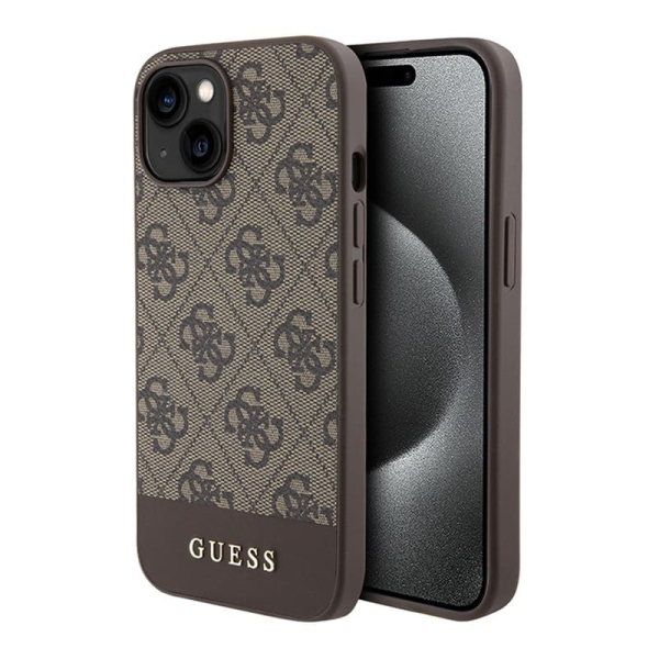 Чехол Guess для iPhone 15 PU 4G Bottom stripe Metal logo Hard (GUHCP15SG4GLBR) Коричневый