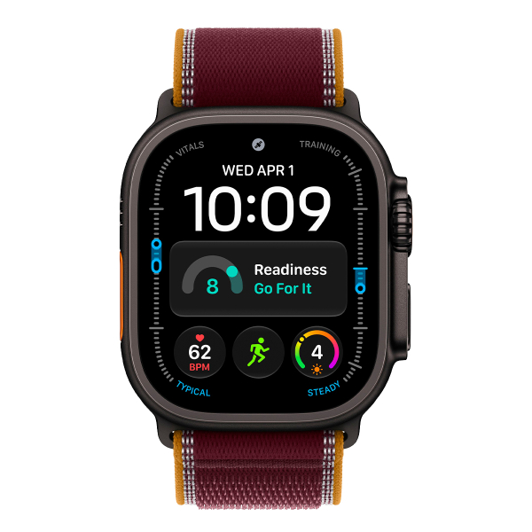 Apple Watch Ultra 4, 49 мм корпус из титана цвета «Black», ремешок Trail Loop цвета «Burgundy» размера S/M