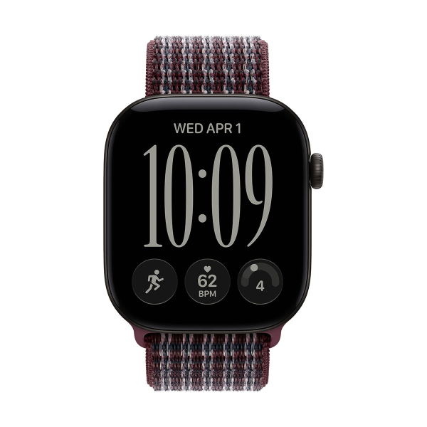 Apple Watch Series 12, 46 мм корпус из алюминия цвета «Black», ремешок Sport Loop цвета «Burgundy Plaid»