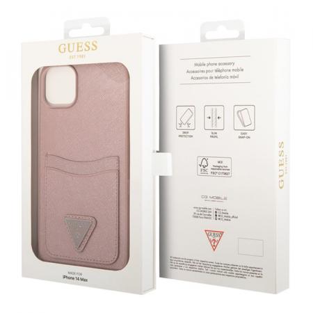 Чехол Guess для iPhone 14 Plus PU Saffiano Double cardslot Metal triangle logo Hard (GUHCP14MPSATPP) Розовый